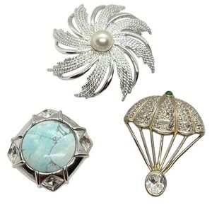 Vintage Lot of 3 Silver Tone Pin Brooch Clear Rhinestone Sarah‎ Coventry Flower